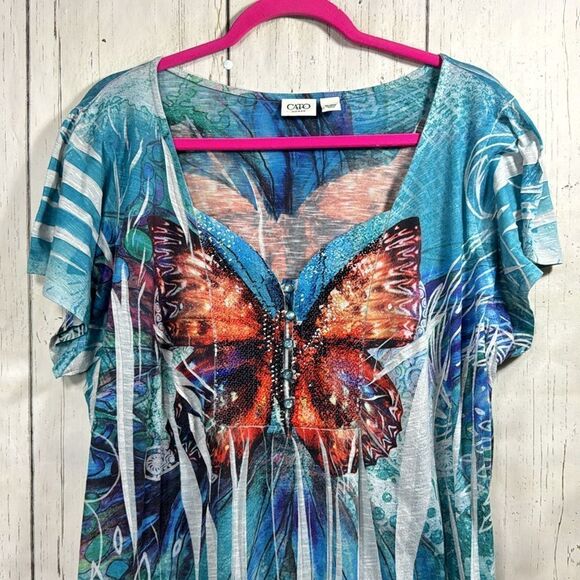 Cato Woman Colorful Sequins Butterfly Bright Festival Buttons Short Sleeve Top - Picture 2 of 14